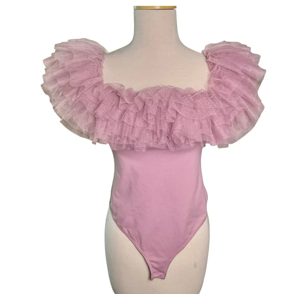 Free People Intimately Big Love Tulle Ruffles Off Shoulder Thong Bodysuit Small